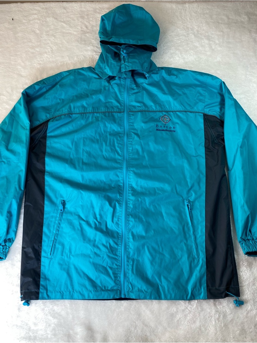 Cheneral Brand Boston Massachusetts Teal/ Navy Blue Windbreaker Jacket Hooded XL